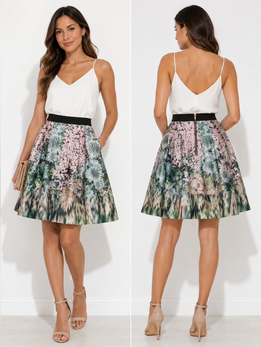 Ted Baker London Ovald Glitch Floral Fit & Flare Skater Skirt Size 1 Pink Green